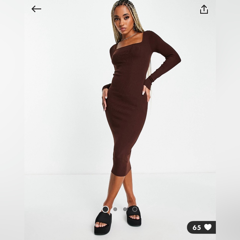 ASOS Design knitted rich brown midi dress with square neckline, open ruched back